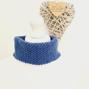 Crochet Cowl Scarf, neck warmer made by Sarah Lou Crafts using a blue fleck colour eco yarn from recycled plastic bottles.