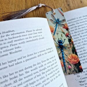 Aluminium bookmark -Blue dragonfly orange flowers