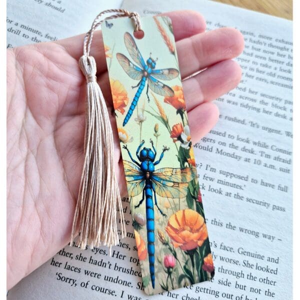 Aluminium bookmark -Blue dragonfly orange flowers