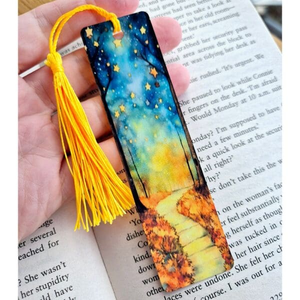 Aluminium bookmark - Blue orange forest path stars