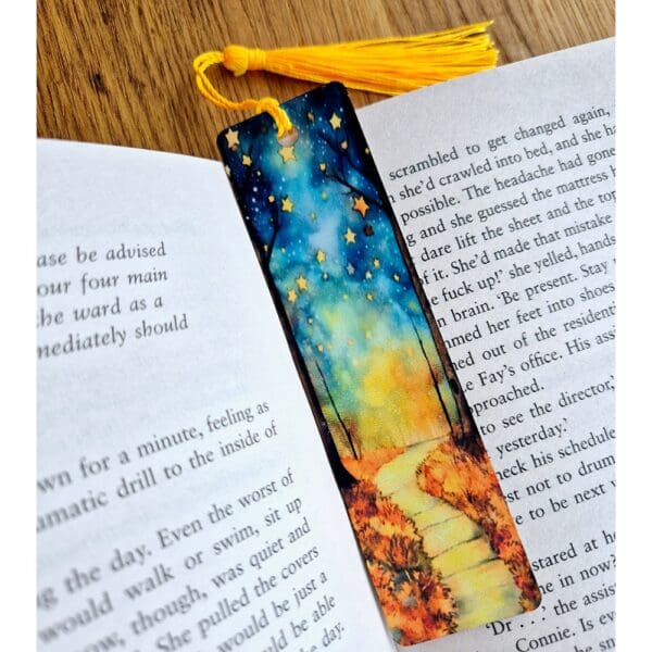 Aluminium bookmark - Blue orange forest path stars