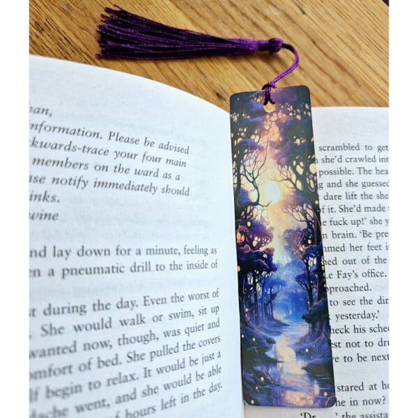 Aluminium bookmark - purple yellow forest sunset.