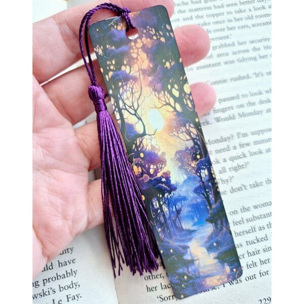 Aluminium bookmark - purple yellow forest sunset.