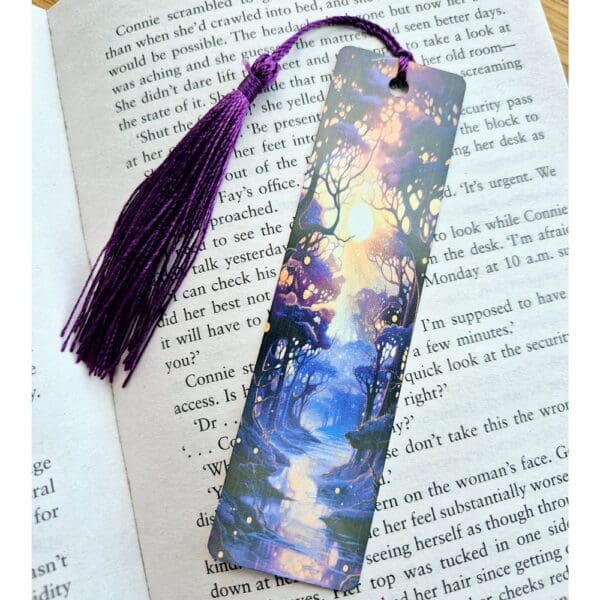 Aluminium bookmark - purple yellow forest sunset.