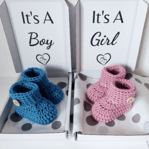 it's a boy/girl baby gender reveal box with newborn baby booties - by Crochet And I Handmade