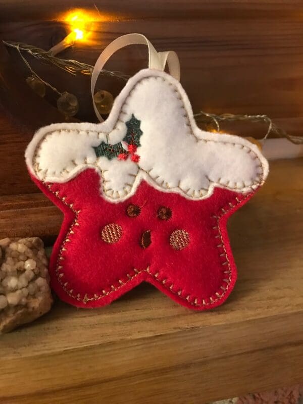 Funny festive red felt with holly in shape of a star