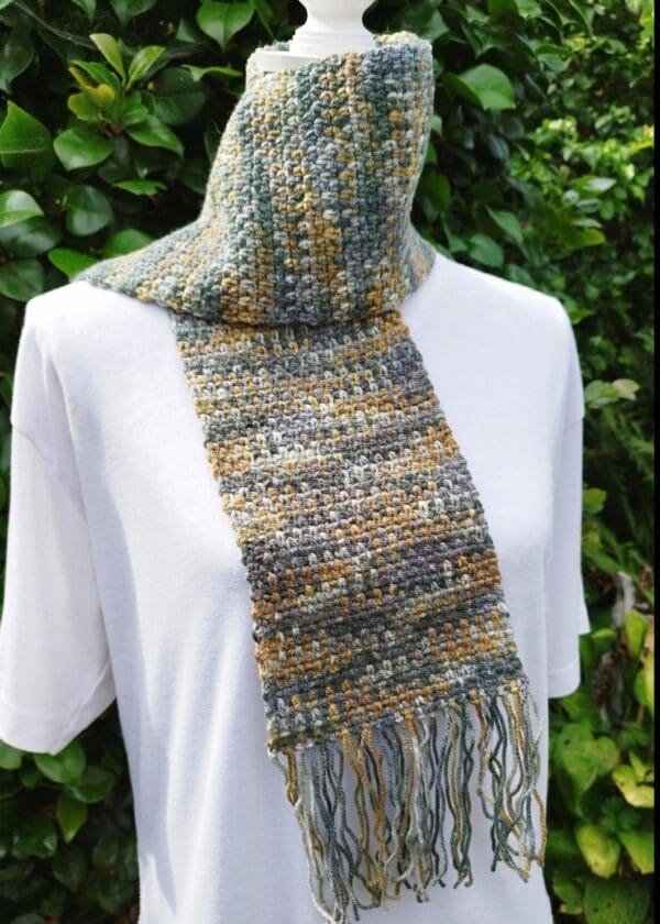 Crochet Scarf in Linen Stitch - mossy green, grey, cream, rust brown.