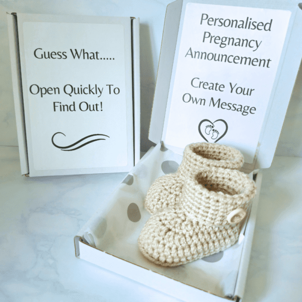 Personalised Pregnancy Announcement Gift Box with Handmade Baby Booties