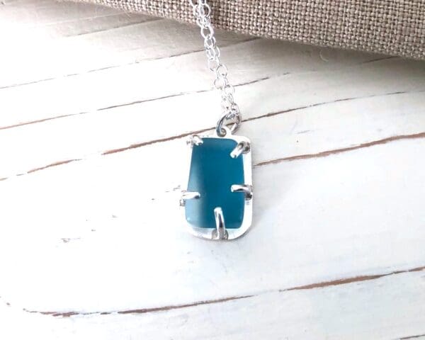 Blue Pendant set in Silver with a Sea Glass Style Surface Texture - Image 3