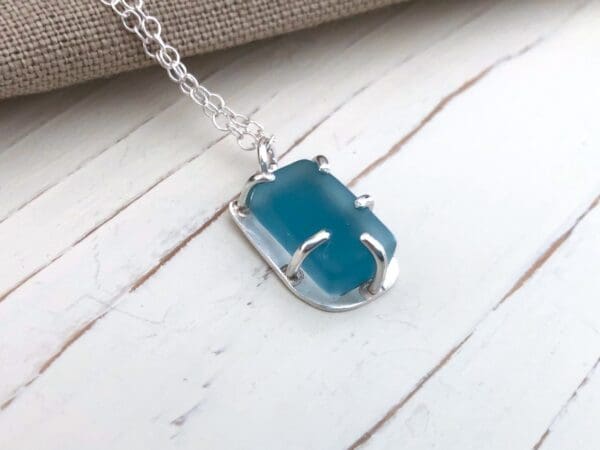 Blue Pendant set in Silver with a Sea Glass Style Surface Texture - Image 2