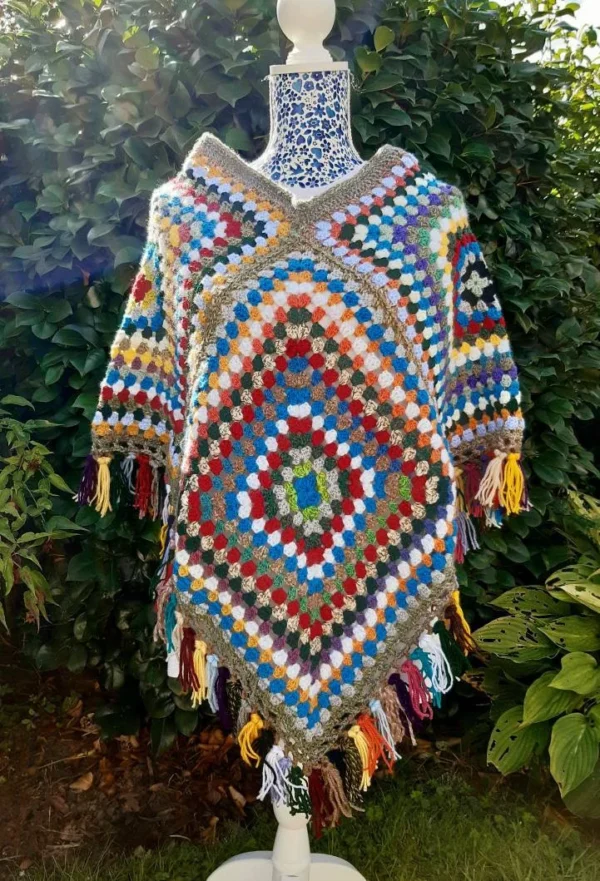 Boho Style Crochet Granny Square Poncho - wear two ways.