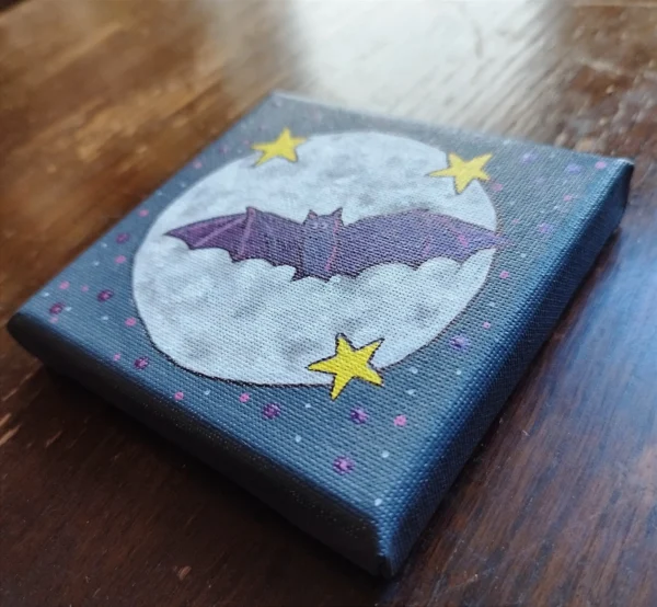 Happy Bat - Small canvas painting - 4 x 4 inches with easel. - Image 3