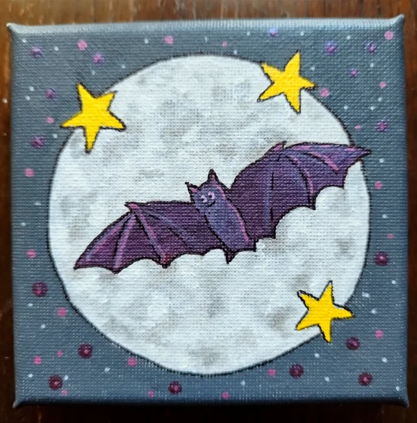 Happy Bat - Small canvas painting - 4 x 4 inches with easel.