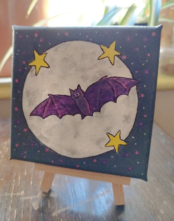 Happy Bat - Small canvas painting - 4 x 4 inches with easel. - Image 4