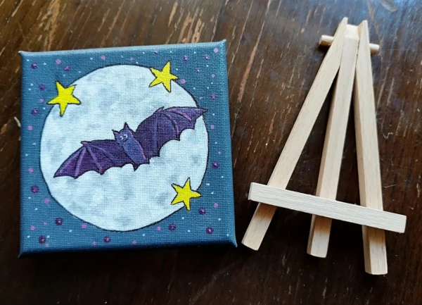 Happy Bat - Small canvas painting - 4 x 4 inches with easel. - Image 2