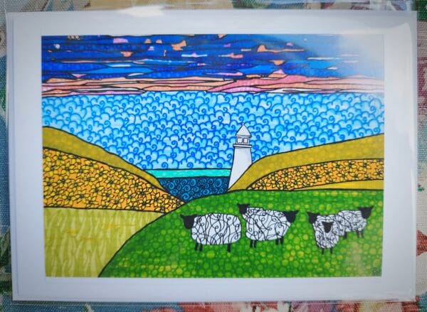 Coastal Sheep Greetings Card - colourful, fun, blank inside