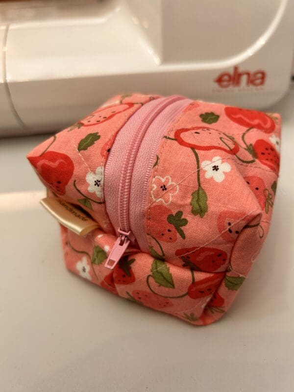 Small box zipper pouch in strawberries pink shades with pink and white polka dots - Image 9