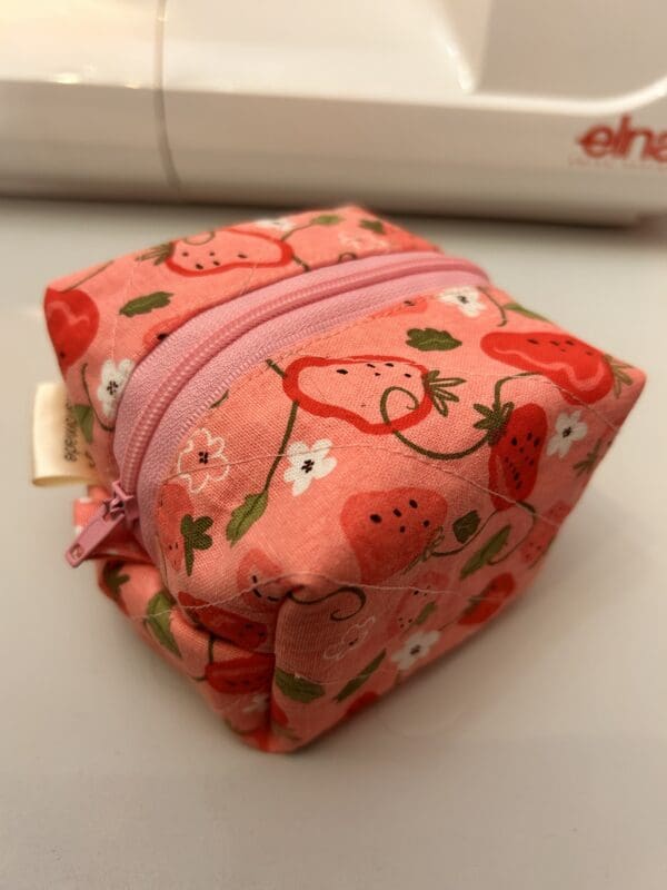 Small box zipper pouch in strawberries pink shades with pink and white polka dots - Image 2