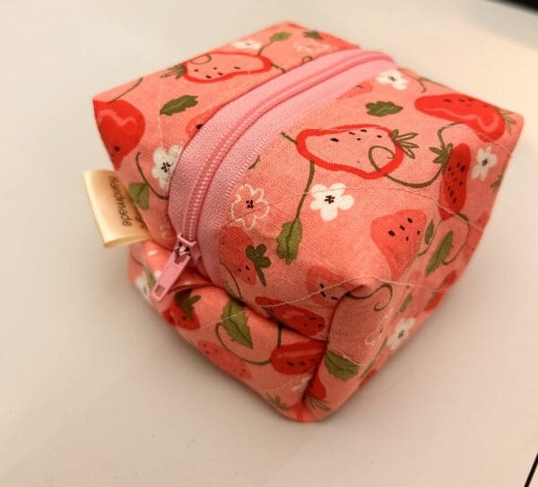 Small box zipper pouch in strawberries pink shades with pink and white polka dots - Image 3