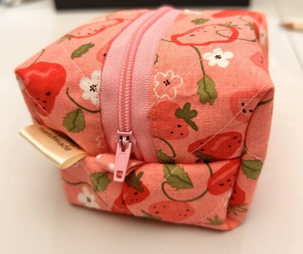 Small box zipper pouch in strawberries pink shades with pink and white polka dots - Image 7