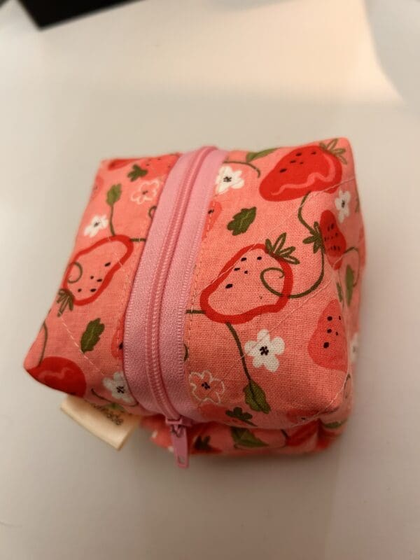 Small box zipper pouch in strawberries pink shades with pink and white polka dots - Image 6