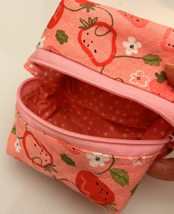 Small box zipper pouch in strawberries pink shades with pink and white polka dots - Image 4