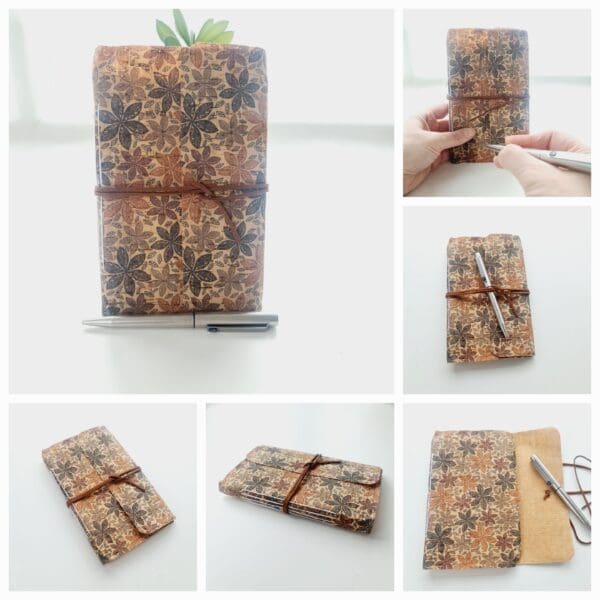 Six photo collage showing cork notebook journal with a flower print in brown shades, and a brown faux suede wrap tie, made by Sarah Lou Crafts.