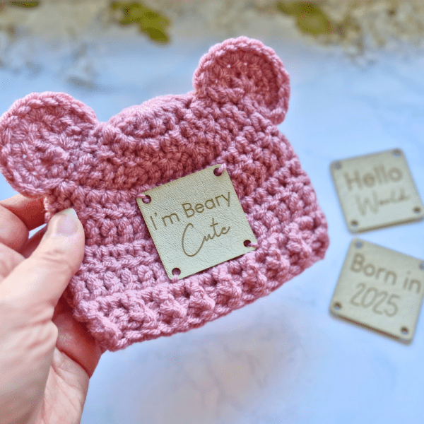 Crochet Teddy Bear Baby Hat with Leather Patch - Handmade Gift