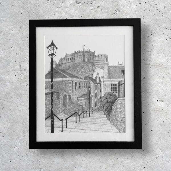 Edinburgh Castle Drawing, The Vennel, Scotland, Cityscape, Historic Scotland Sketch, Illustration