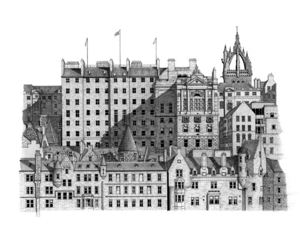 ORIGINAL Old Town Cityscape, Edinburgh Architecture, Illustration, Drawing, Handmade, Black and White, Ink and Pencil, Artwork, Unique