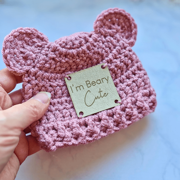 Crochet Teddy Bear Baby Hat with Leather Patch - Handmade Gift - Image 4