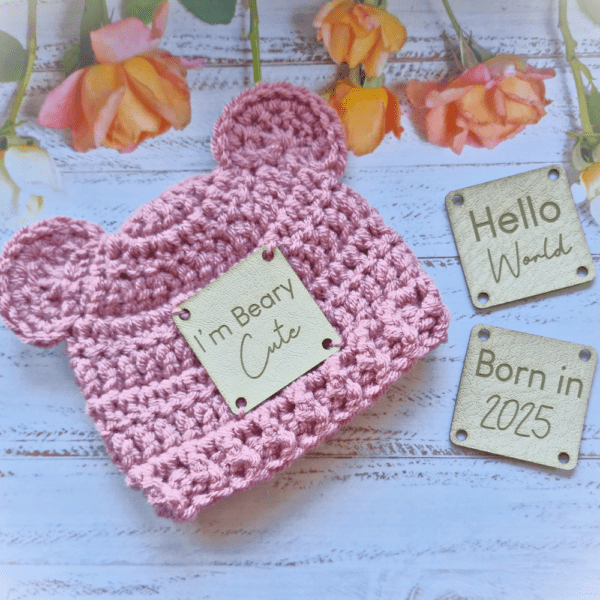 Crochet Teddy Bear Baby Hat with Leather Patch - Handmade Gift - Image 6