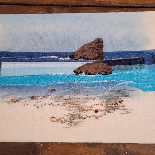 Framed embroidered rocks at low tide at Broad haven beach 43 x 33 cm - Image 4