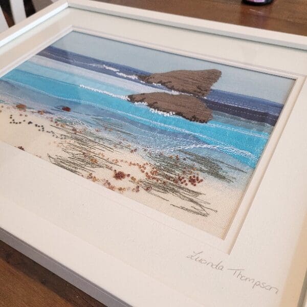 Framed embroidered rocks at low tide at Broad haven beach 43 x 33 cm - Image 2