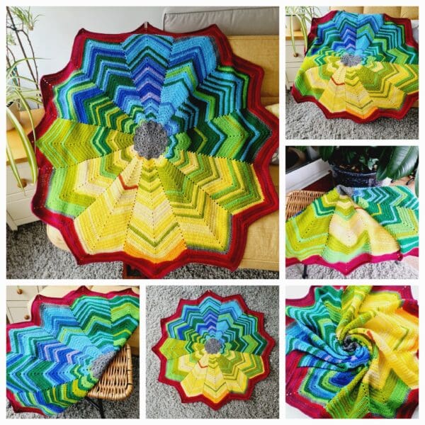 Six photo collage showing various angles and poses of a multicoloured star blanket made by Sarah Lou Crafts.