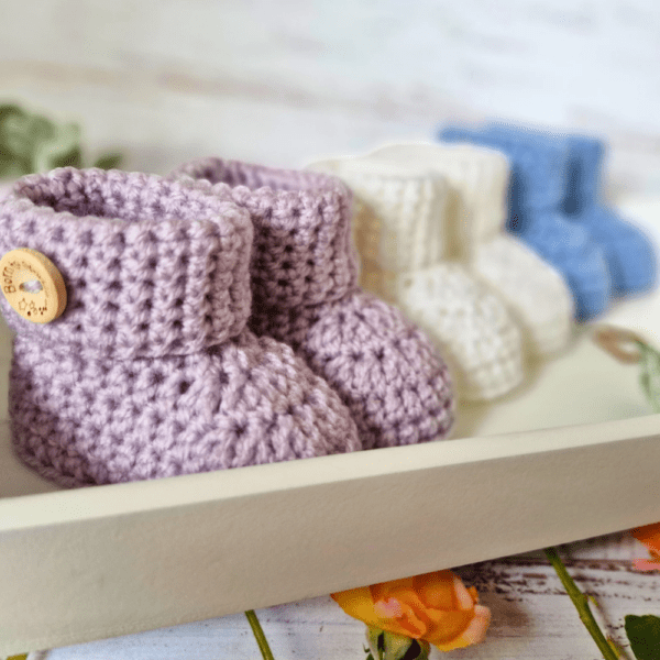 Crochet Baby Booties with 'Born To Sparkle' Buttons - Image 6