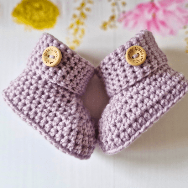 Crochet Baby Booties with 'Born To Sparkle' Buttons - Image 7