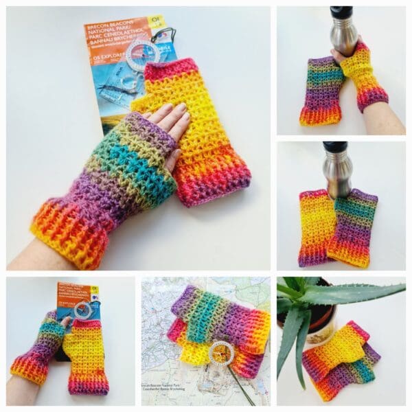 Six photo collage showing various angles and poses of Rainbow crochet mitts, made by Sarah Lou Crafts.