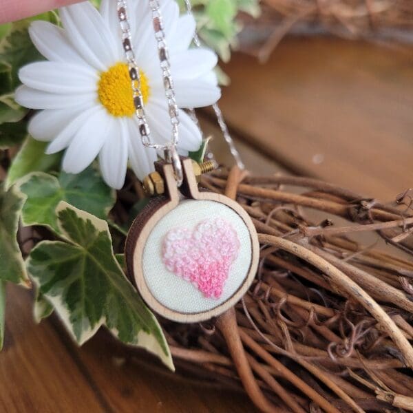 Pink embroidered heart pendant 2.5cm