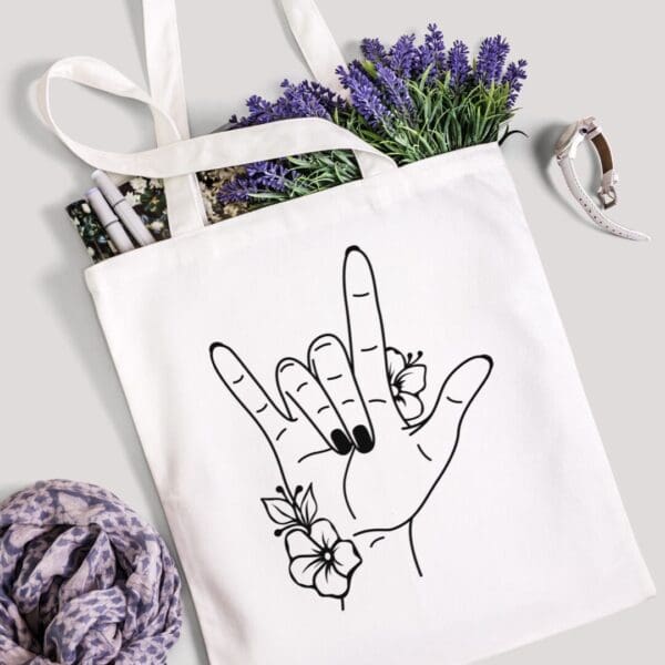 BSL Gift, Personalised bag, I love you, teacher gift, birthday gift, floral,  end of year gift, deaf gift, British sign language,