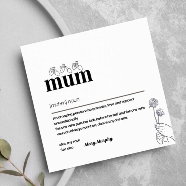 Bsl card, British sign Language, BSL gift, Personalised Mum Card, Mom Mother, Mum Definition, mum noun, mum birthday, gift for her, bsl mum