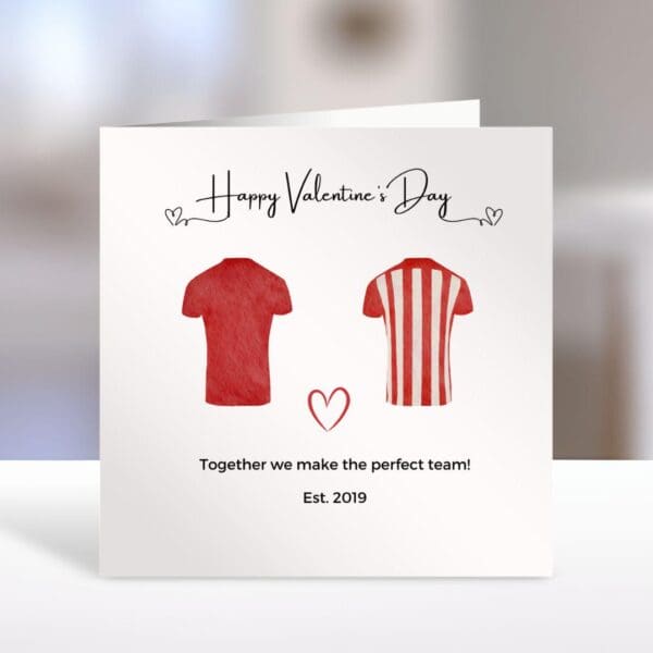 Football  valentine,  football Wedding, football anniversary card, personalised with team, names date rugby shirt football love, rugby love