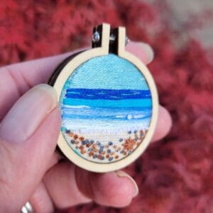 Hand embroidered sea and shoreline 4cm brooch