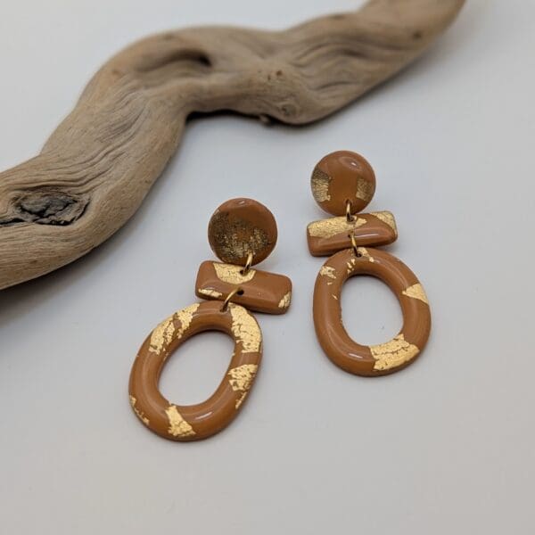 Gold Leaf Statement Earrings - Earthy Orange - Image 3