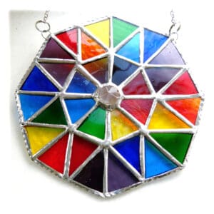 Rainbow patchwork octagon stained glass suncatcher