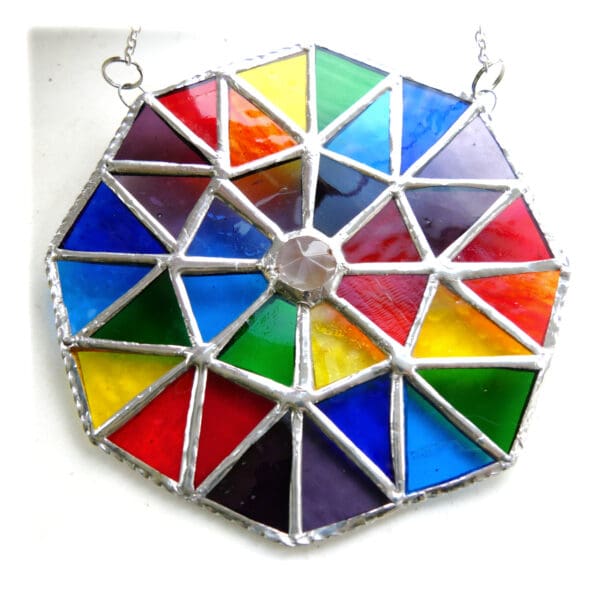 Rainbow patchwork octagon stained glass suncatcher