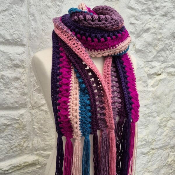 boho crochet scarf pinks teals