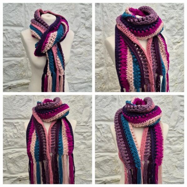 boho crochet scarf pinks teals collage