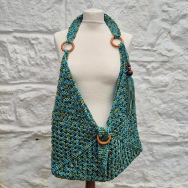 crocheted bag greens blues