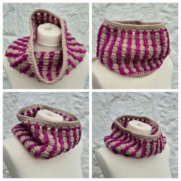 crocheted cowl in pinks collage